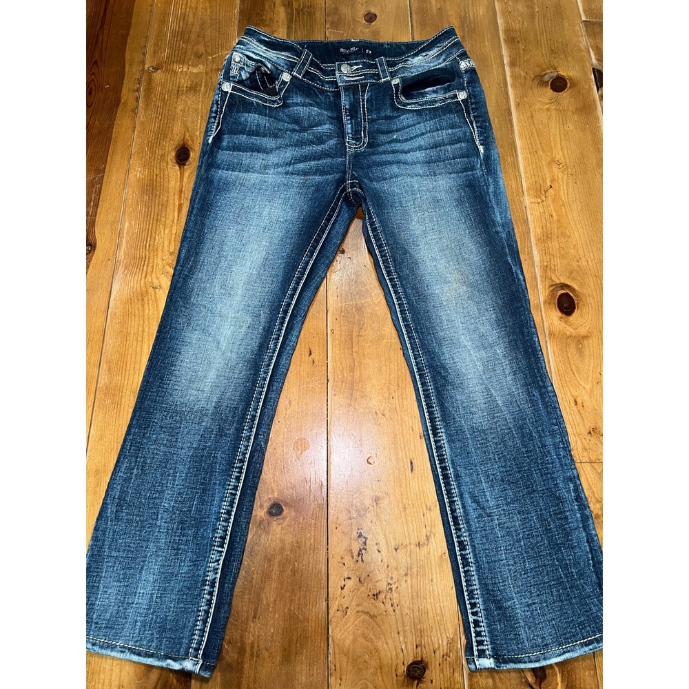 Miss Me Bootcut Jeans Dark Wash Distressed Embellished Pockets Size 29